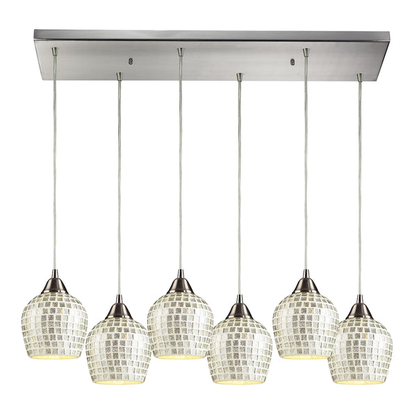 Fusion 6 Light Pendant In Satin Nickel And Silver Glass