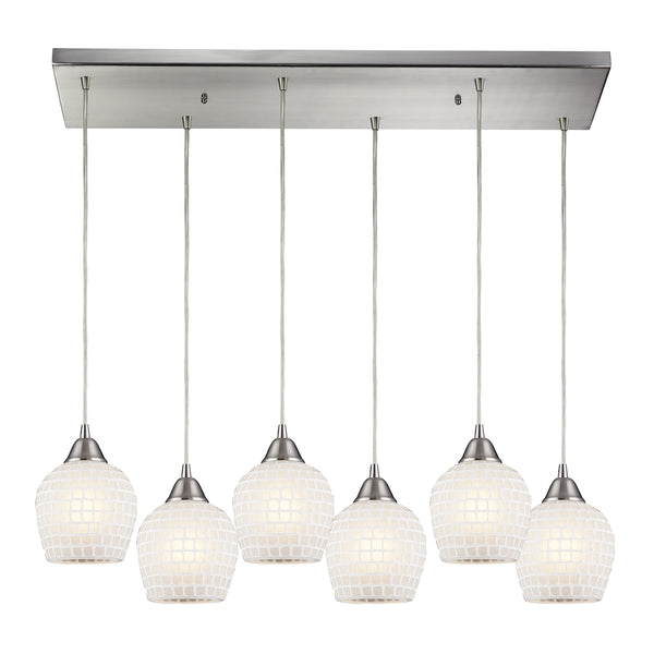 Fusion 6 Light Pendant In Satin Nickel And White Glass