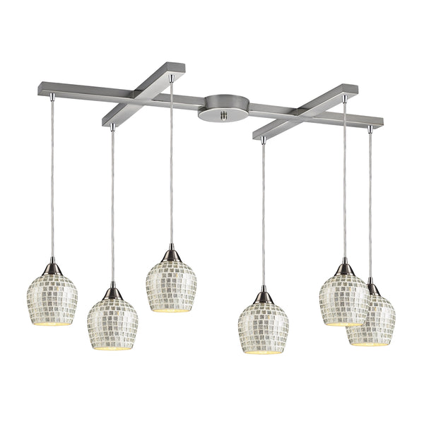 Fusion 6 Light Pendant In Satin Nickel And Silver Glass