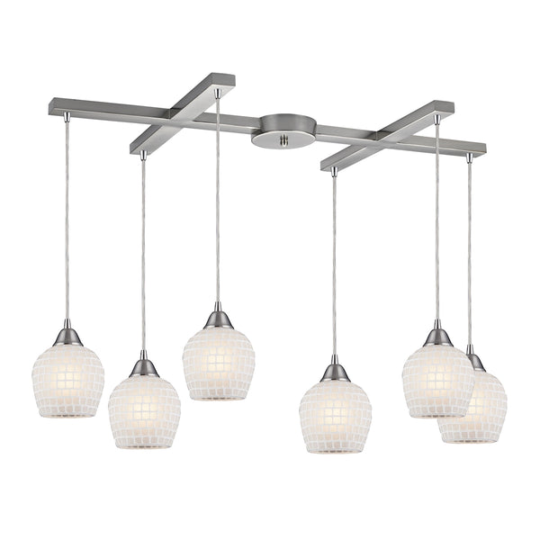 Fusion 6 Light Pendant In Satin Nickel And White Glass