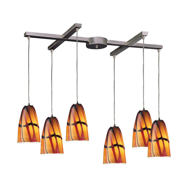 Fuego 6 Light Pendant In Satin Nickel And Jasper Glass