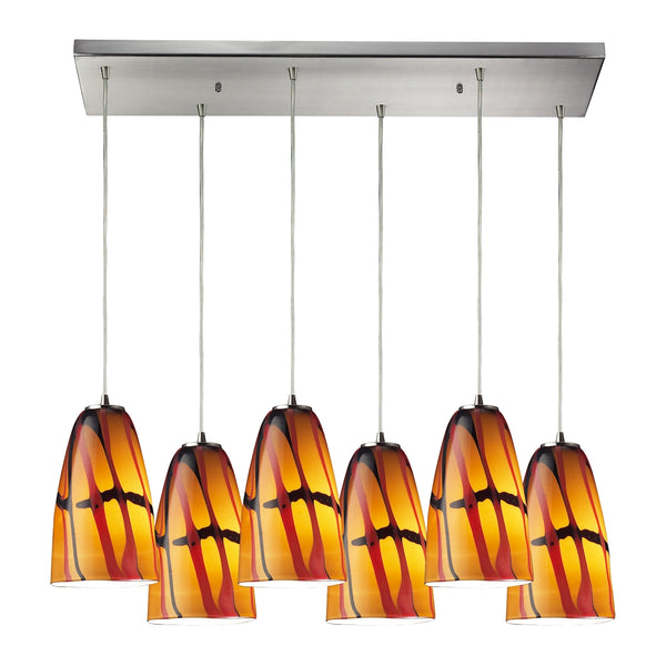 Fuego 6 Light Pendant In Satin Nickel And Jasper Glass