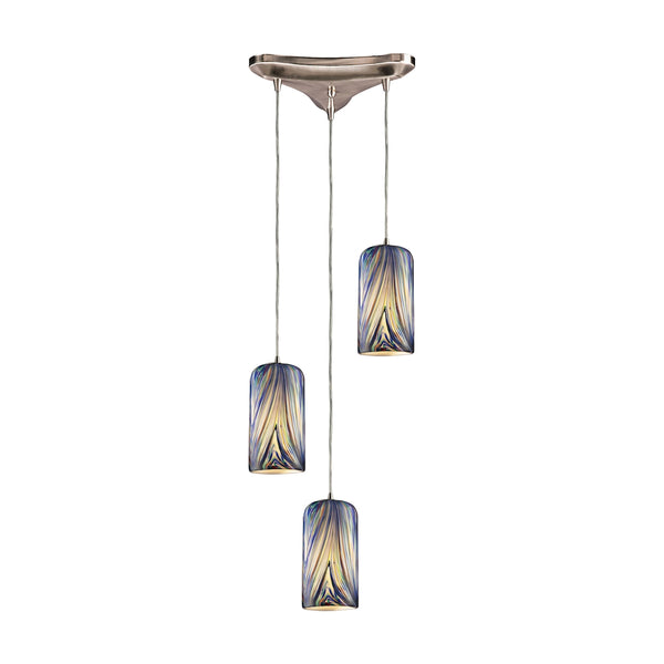 Molten 3 Light Pendant In Satin Nickel And Molten Ocean Glass
