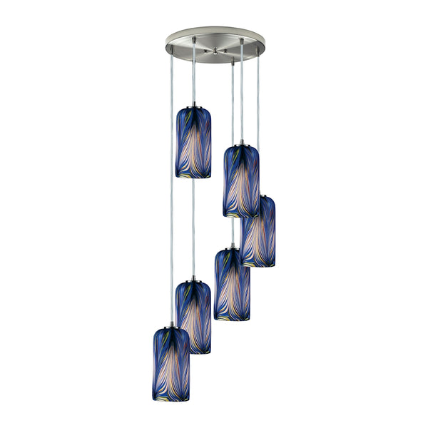 Molten 6 Light Pendant In Satin Nickel And Molten Ocean Glass