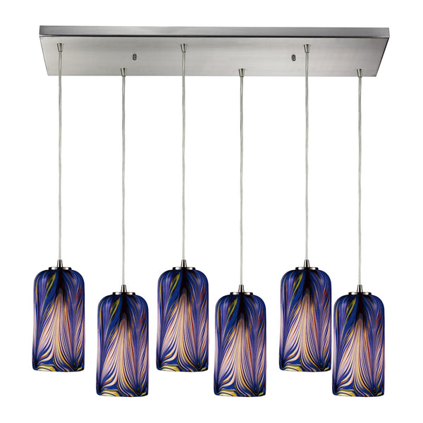 Molten 6 Light Pendant In Satin Nickel And Molten Ocean Glass