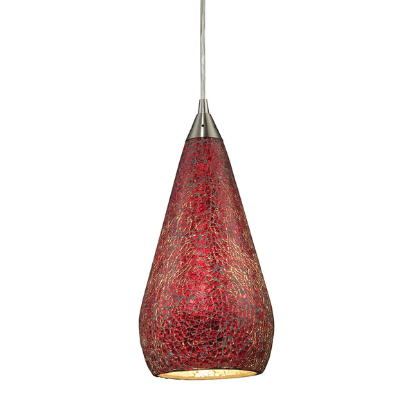 Curvalo 1 Light LED Pendant In Satin Nickel And Ruby Crackle Glass