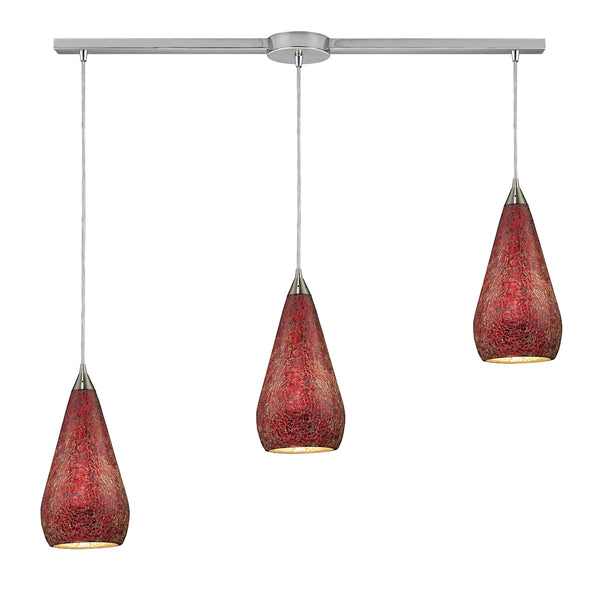 Curvalo 3 Light Pendant In Satin Nickel And Ruby Crackle Glass