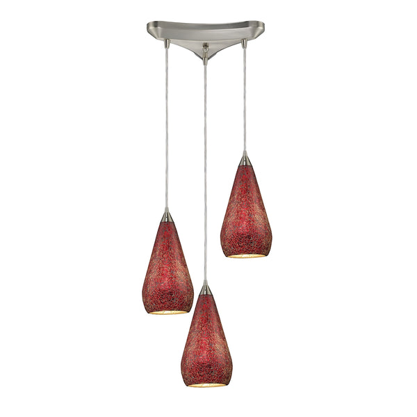 Curvalo 3 Light Pendant In Satin Nickel And Ruby Crackle Glass