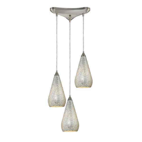 Curvalo 3 Light Pendant In Satin Nickel And Silver Crackle Glass