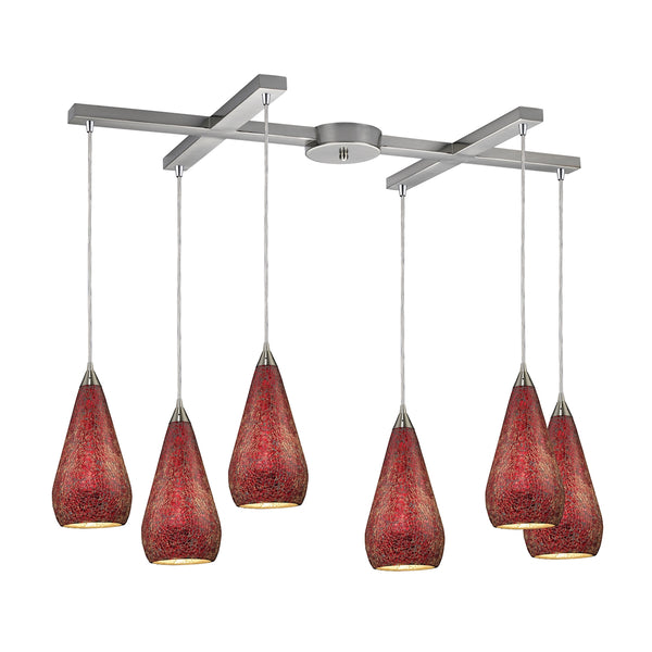 Curvalo 6 Light Pendant In Satin Nickel And Ruby Crackle Glass