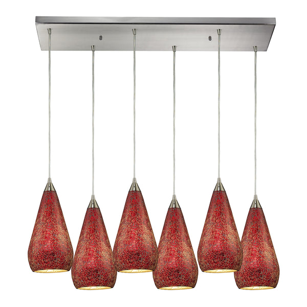 Curvalo 6 Light Pendant In Satin Nickel And Ruby Crackle Glass