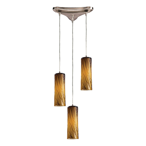 Maple 3 Light Pendant In Satin Nickel And Maple Amber Glass