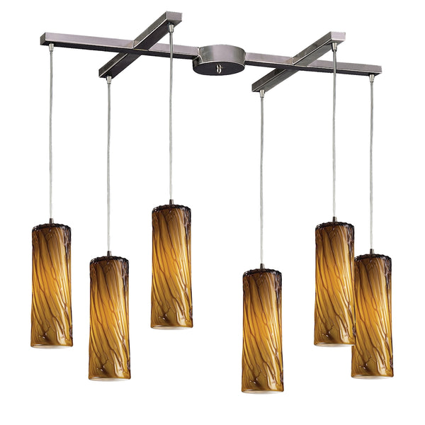 Maple 6 Light Pendant In Satin Nickel And Maple Amber Glass