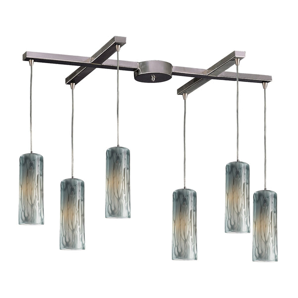 Maple 6 Light Pendant In Satin Nickel And Maple Dusk Glass