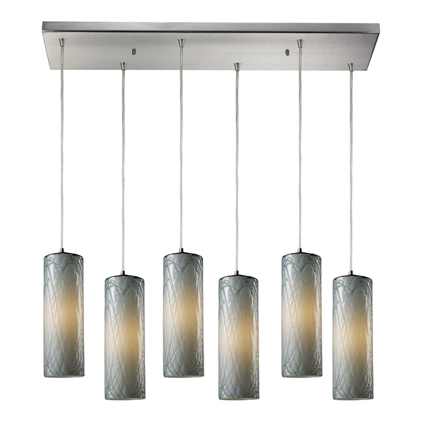 Maple 6 Light Pendant In Satin Nickel And Maple Dusk