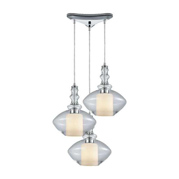 Alora 3 Light Triangle Pan Pendant In Polished Chrome With Opal White Glass Inside Clear Glass