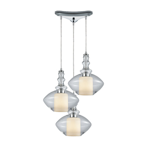 Alora 3 Light Triangle Pan Pendant In Polished Chrome With Opal White Glass Inside Clear Glass