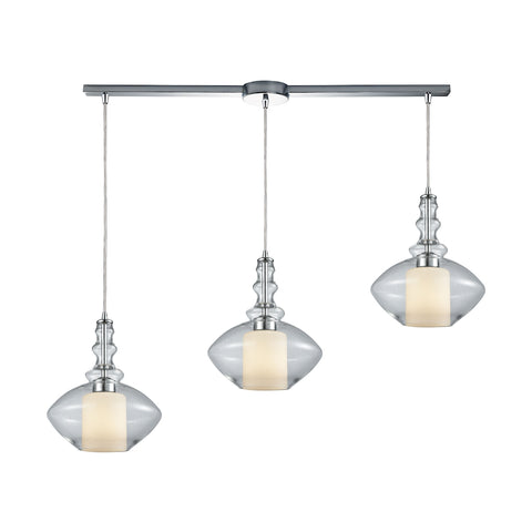 Alora 3 Light Linear Bar Pendant In Polished Chrome With Opal White Glass Inside Clear Glass