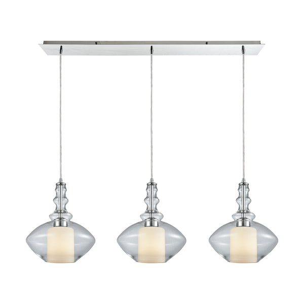 Alora 3 Light Linear Pan Pendant In Polished Chrome With Opal White Glass Inside Clear Glass