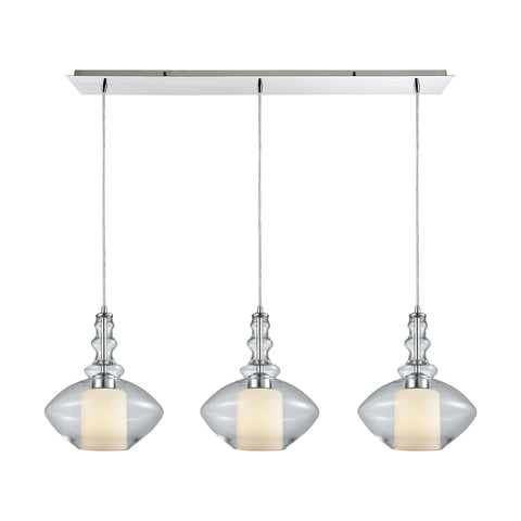 Alora 3 Light Linear Pan Pendant In Polished Chrome With Opal White Glass Inside Clear Glass