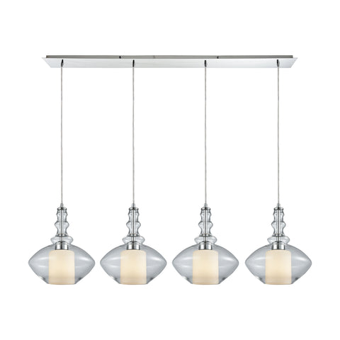 Alora 4 Light Linear Pan Pendant In Polished Chrome With Opal White Glass Inside Clear Glass