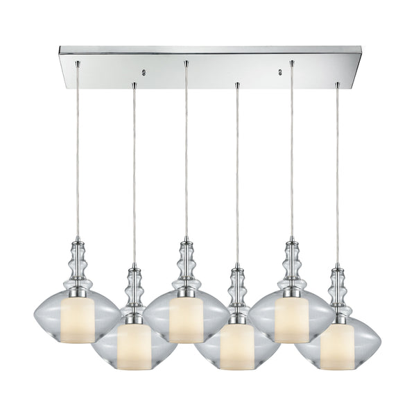 Alora 6 Light Rectangle Pendant In Polished Chrome With Opal White Glass Inside Clear Glass