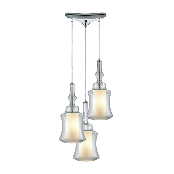 Alora 3 Light Triangle Pan Pendant In Polished Chrome With Opal White Glass Inside Clear Glass