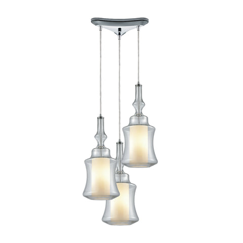 Alora 3 Light Triangle Pan Pendant In Polished Chrome With Opal White Glass Inside Clear Glass
