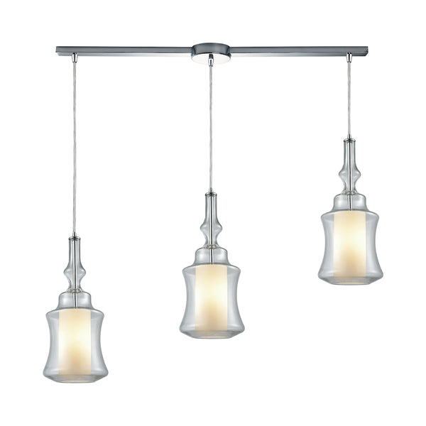 Alora 3 Light Linear Bar Pendant In Polished Chrome With Opal White Glass Inside Clear Glass