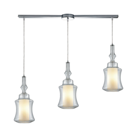 Alora 3 Light Linear Bar Pendant In Polished Chrome With Opal White Glass Inside Clear Glass
