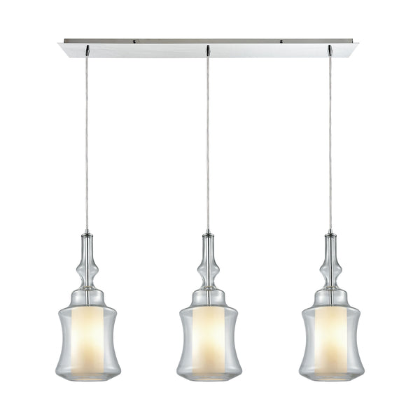 Alora 3 Light Linear Pan Pendant In Polished Chrome With Opal White Glass Inside Clear Glass