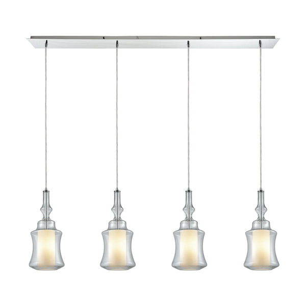 Alora 4 Light Linear Pan Pendant In Polished Chrome With Opal White Glass Inside Clear Glass