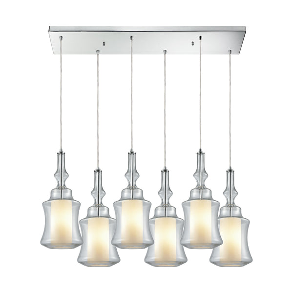 Alora 6 Light Rectangle Pendant In Polished Chrome With Opal White Glass Inside Clear Glass