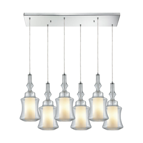 Alora 6 Light Rectangle Pendant In Polished Chrome With Opal White Glass Inside Clear Glass