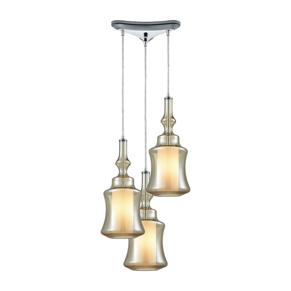 Alora 3 Light Triangle Pan Pendant In Polished Chrome With Opal White Glass Inside Champagne Plated Glass