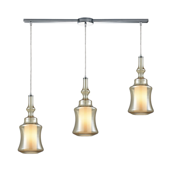 Alora 3 Light Linear Bar Pendant In Polished Chrome With Opal White Glass Inside Champagne Plated Glass