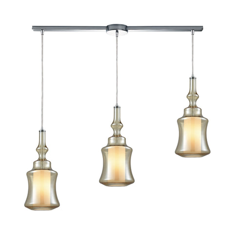 Alora 3 Light Linear Bar Pendant In Polished Chrome With Opal White Glass Inside Champagne Plated Glass