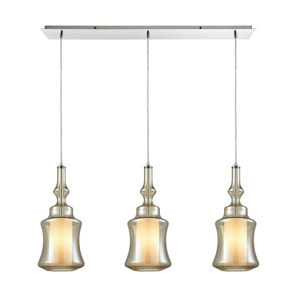 Alora 3 Light Linear Pan Pendant In Polished Chrome With Opal White Glass Inside Champagne Plated Glass