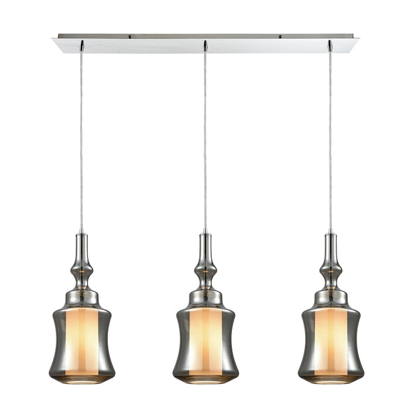 Alora 3 Light Linear Pan Pendant In Polished Chrome With Opal White Glass Inside Smoke Plated Glass