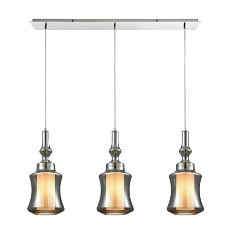 Alora 3 Light Linear Pan Pendant In Polished Chrome With Opal White Glass Inside Smoke Plated Glass