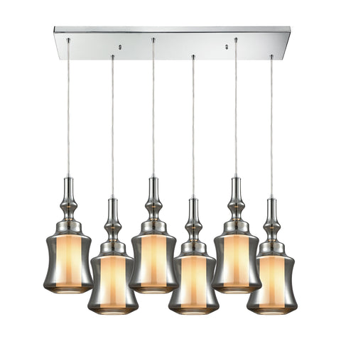 Alora 6 Light Rectangle Pendant In Polished Chrome With Opal White Glass Inside Smoke Plated Glass