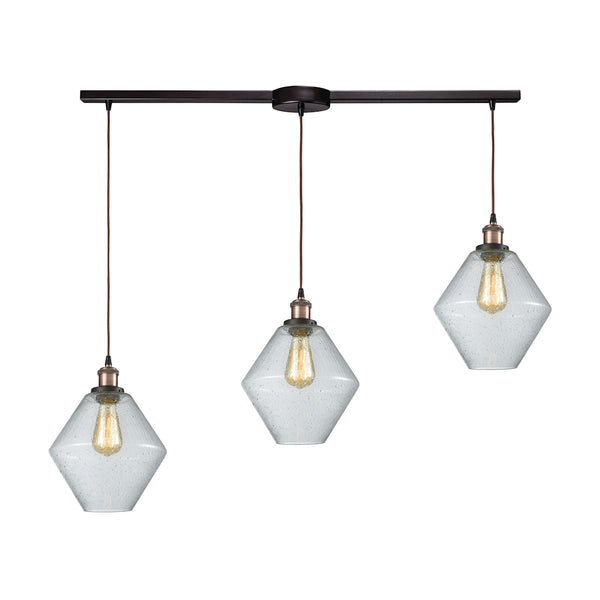 Raindrop Glass 3 Light Linear Bar Pendant In Antique Brass/Oil Rubbed Bronze With Clear Raindrop Glass