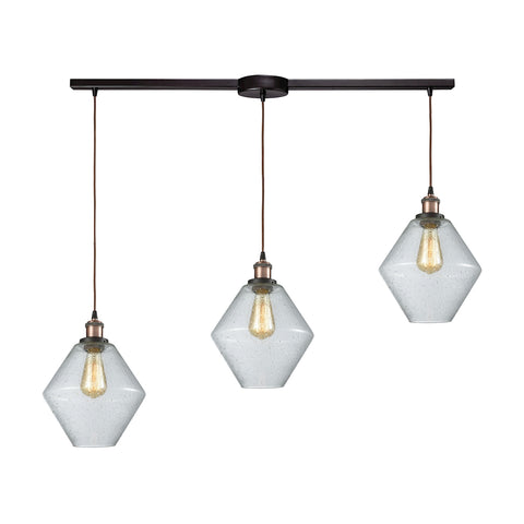 Raindrop Glass 3 Light Linear Bar Pendant In Antique Brass/Oil Rubbed Bronze With Clear Raindrop Glass