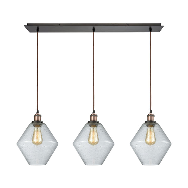 Raindrop Glass 3 Light Linear Pan Pendant In Antique Brass/Oil Rubbed Bronze With Clear Raindrop Glass