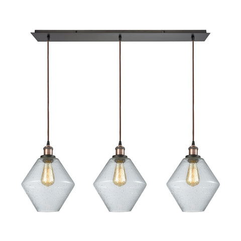 Raindrop Glass 3 Light Linear Pan Pendant In Antique Brass/Oil Rubbed Bronze With Clear Raindrop Glass