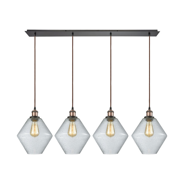 Raindrop Glass 4 Light Linear Pan Pendant In Antique Brass/Oil Rubbed Bronze With Clear Raindrop Glass