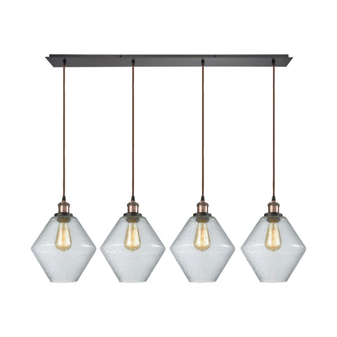 Raindrop Glass 4 Light Linear Pan Pendant In Antique Brass/Oil Rubbed Bronze With Clear Raindrop Glass