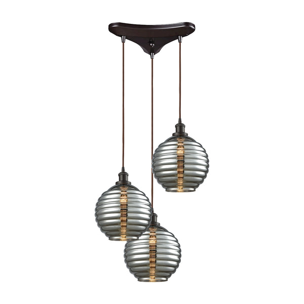 Ridley 3 Light Triangle Pan Pendant In Oil Rubbed Bronze With Smoke Plated Beehive Glass