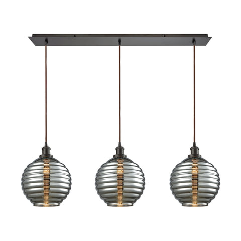 Ridley 3 Light Linear Pan Pendant In Oil Rubbed Bronze With Smoke Plated Beehive Glass