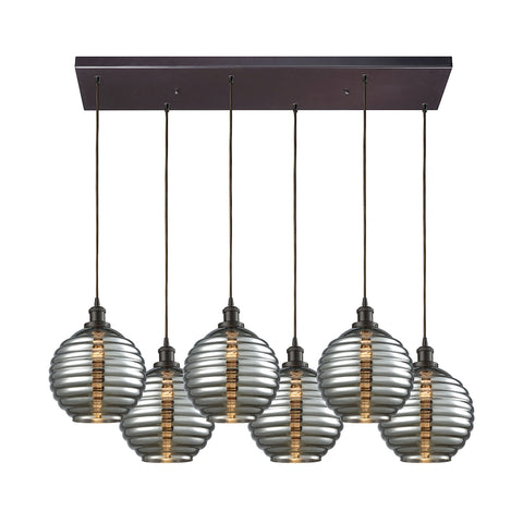 Ridley 6 Light Rectangle Pendant In Oil Rubbed Bronze With Smoke Plated Beehive Glass